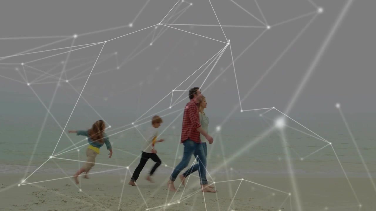 Vertical video: Family walking shore as kids entering, playing, net overlay expanding showing data