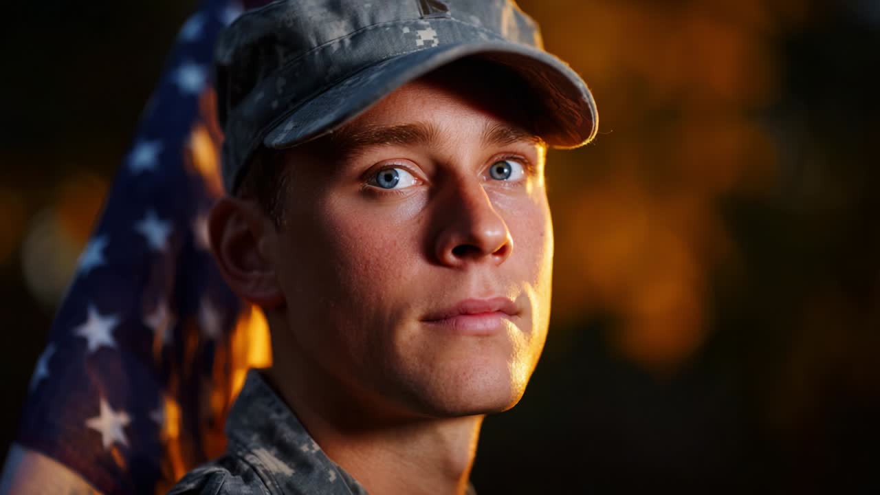 A Portrait of Patriotism: A Young Soldier in Uniform with an American Flag, Captured in a Warm Golden Light Symbolizing Honor, Duty, and Service to the Nation, Emanating Pride and Commitment