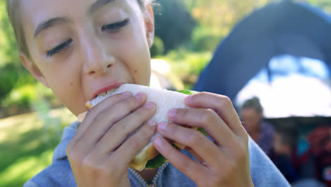 chica tomando un sándwich en un picnic en el parque