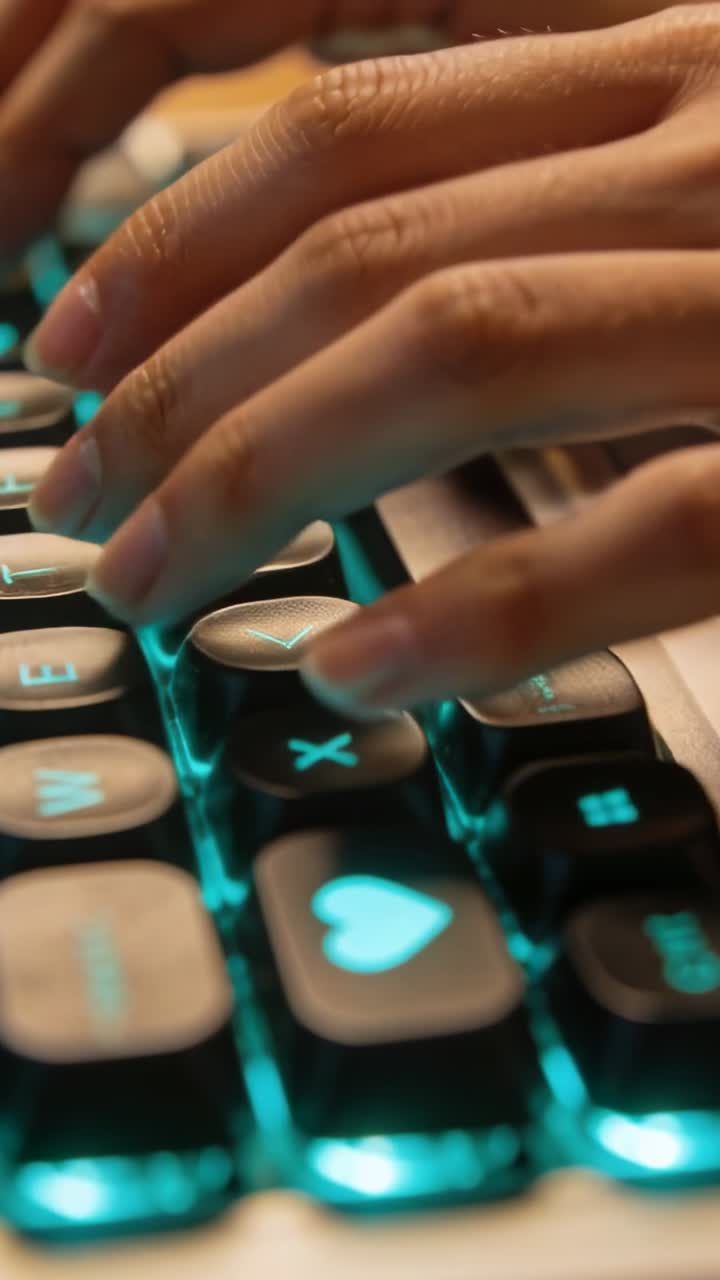 Video verticale: Mani di un utente tech che si librano sopra i tasti W E X e il tasto cuore, avviando una digitazione ritmica