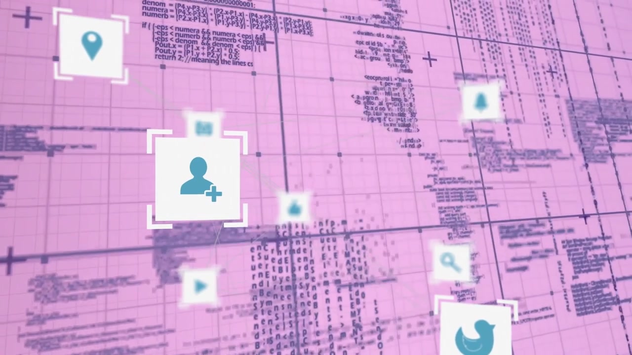 Digital Social Media Icons Flowing Over Programming Code Grid