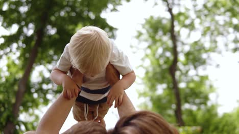 backside view of a parents lying on a grass in the park. father is playing with a baby boy. holding him with hands, raise up