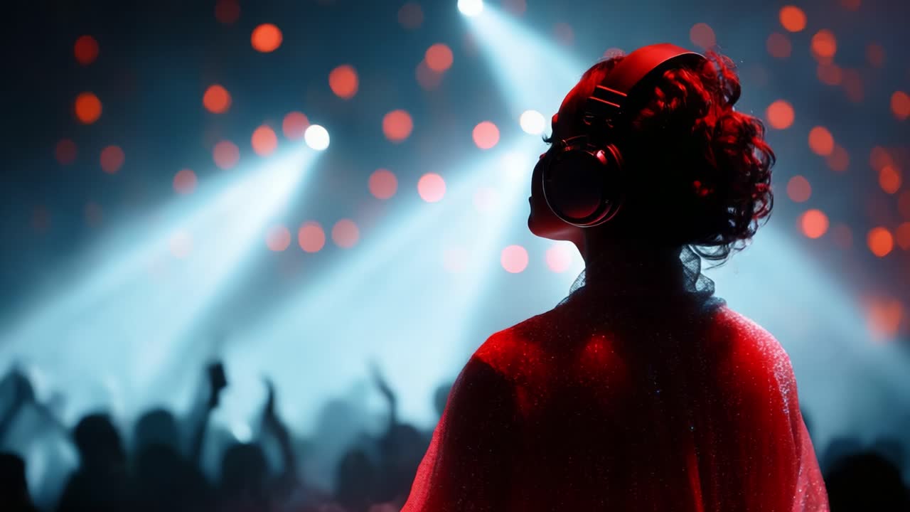 Mesmerizing DJ Performance Under a Vibrant Light Show, Capturing the Essence of Nightlife and Music with an Enigmatic Figure Mixing Enchanting Beats on Stage