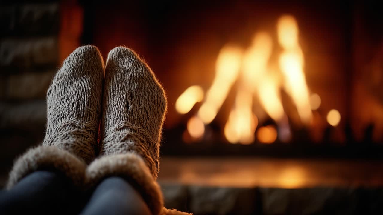 Cozy Moments by the Fireplace: Celebrating Warmth and Comfort in a Tranquil Space with Knitted Socks and a Beautifully Burning Fire