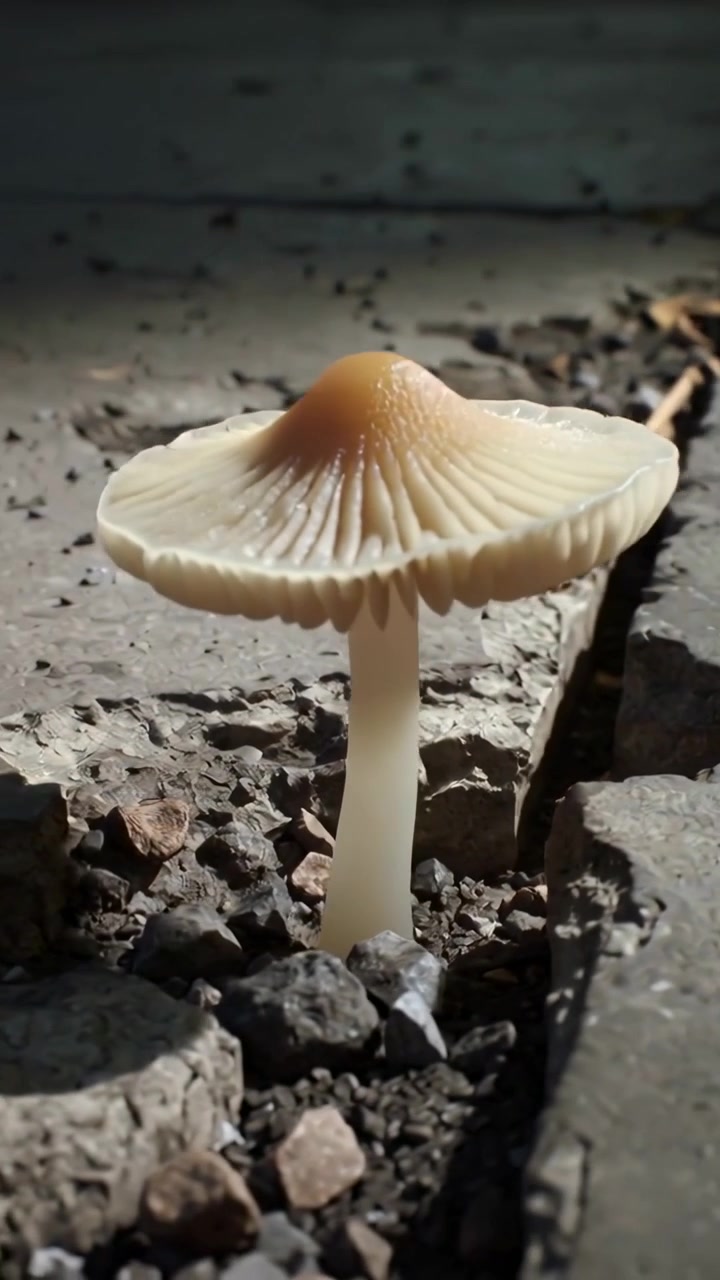 Vertical video: Shifting camera showing pale mushroom expanding cap in gravel gap by slab, growing