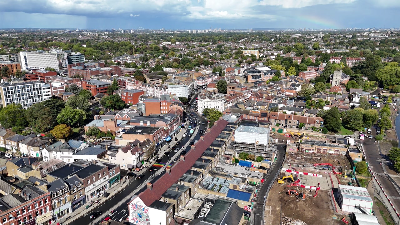 Twickenham UK drone,aerial shops in high street
