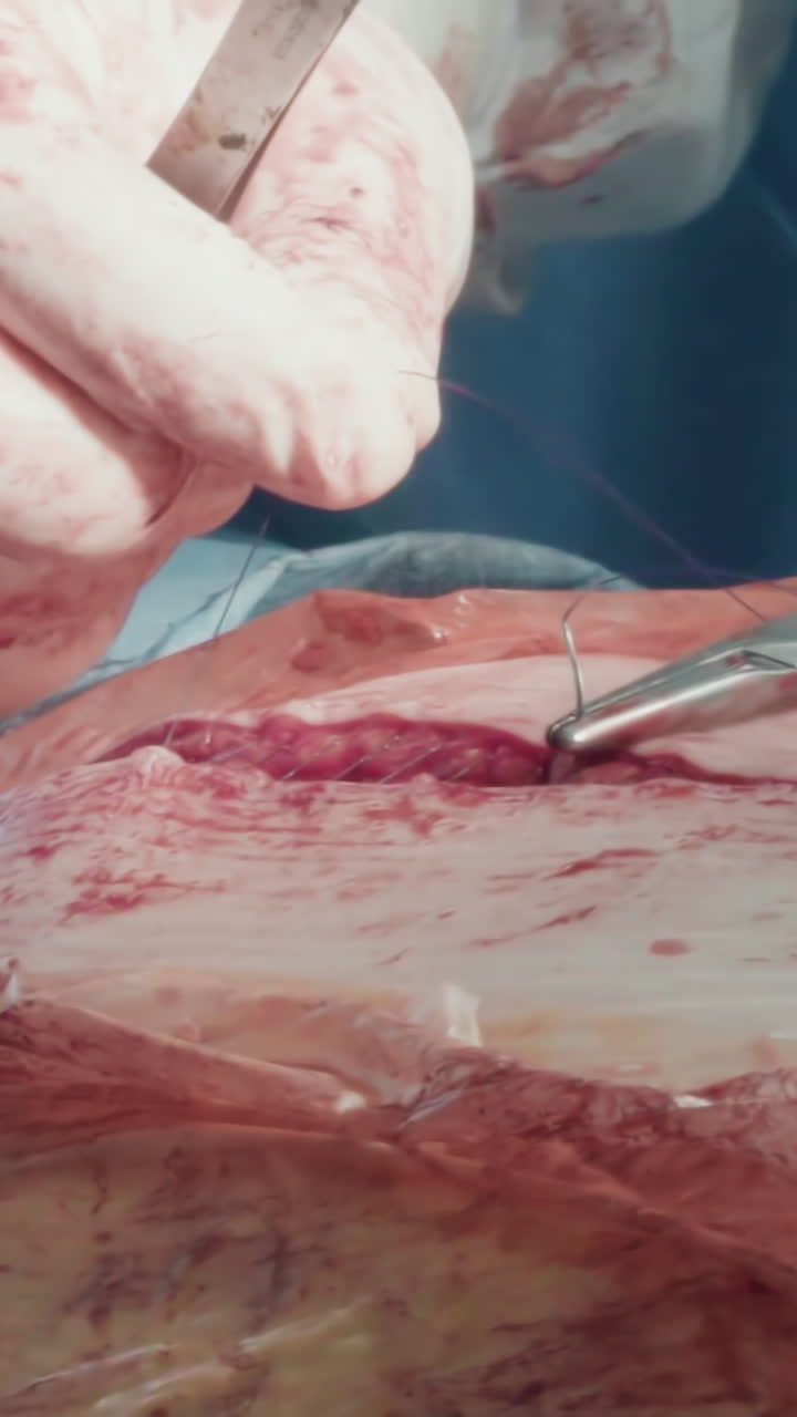 el médico aprieta las suturas con una aguja. el cirujano cuidadoso cierra la incisión del pecho después de una exitosa cirugía de derivación de la arteria coronaria en la sala de operaciones.