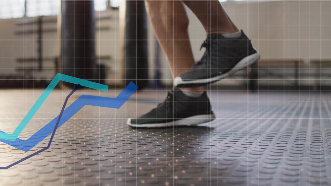 Male athlete initiating drop, performing hops on fitness floor with animated overlay tracking reps
