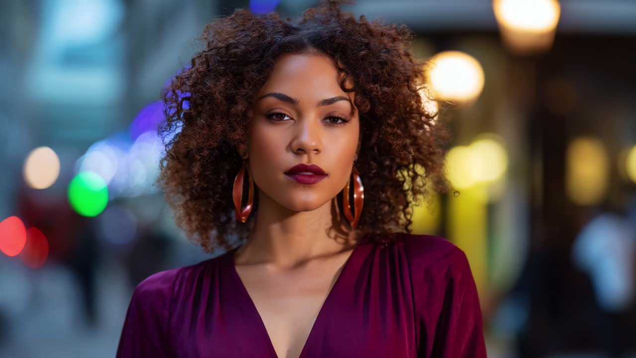 Portrait of a confident woman with curly hair wearing elegant attire, showcasing bold makeup and accessorizing with large earrings in a vibrant urban setting