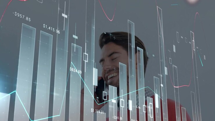 Man answering phone call and analyzing animated financial charts and graphs for monitoring