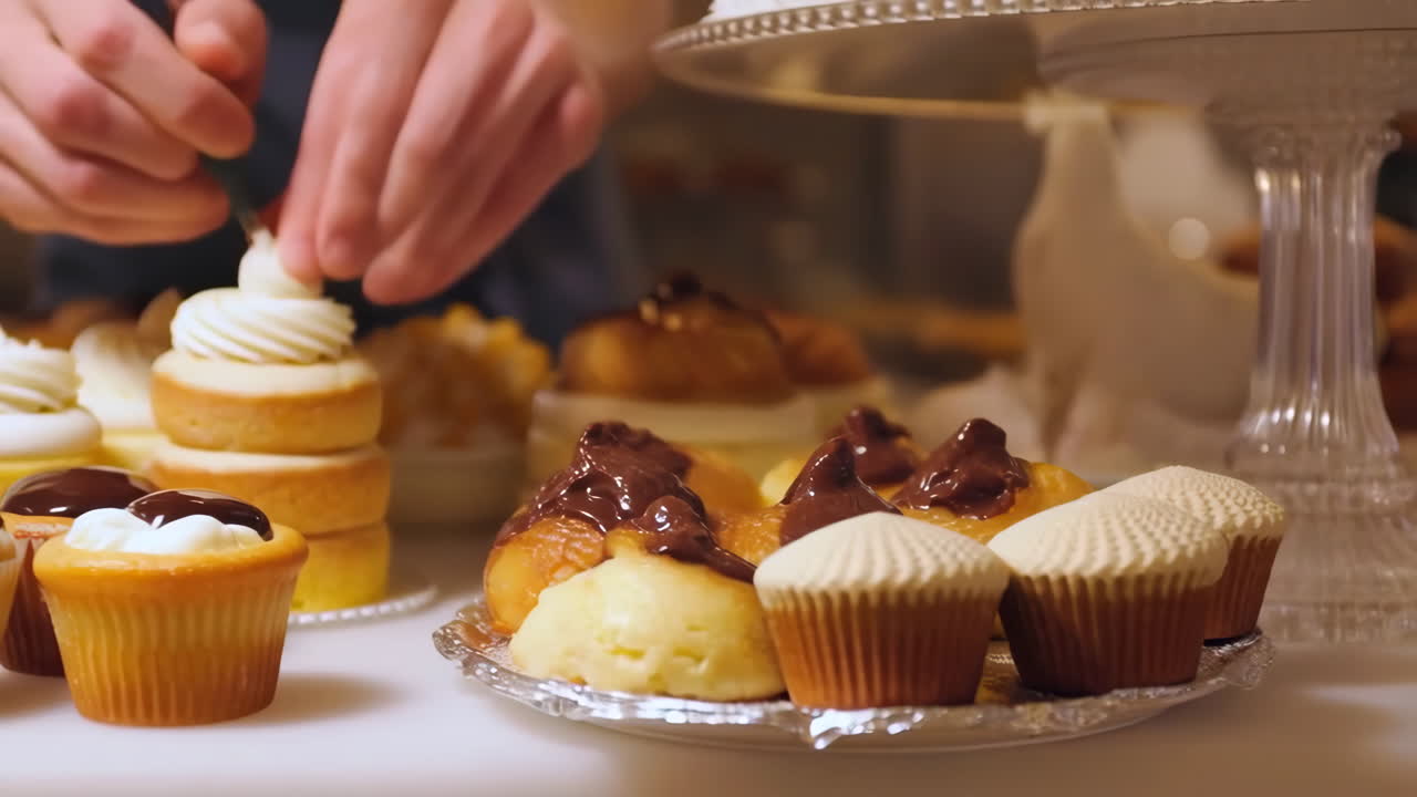 Hands Decorating a Variety of Cupcakes and Pastries