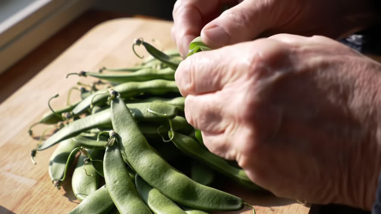 Sorting and Shelling Fresh Green Beans in a Sunny Kitchen