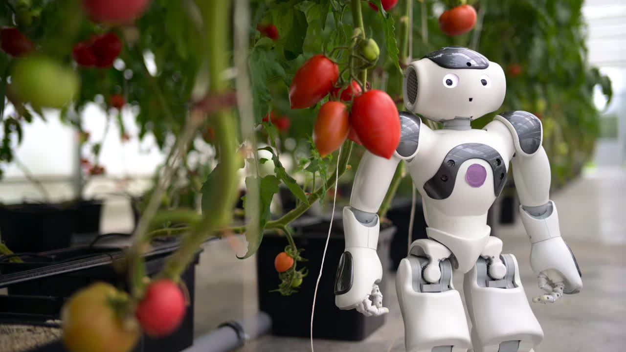 Humanoid robot standing near rows of tomatoes in a greenhouse farm