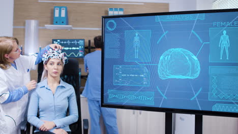 pantalla de televisión con actividad cerebral de una mujer que usa un escáner cerebral