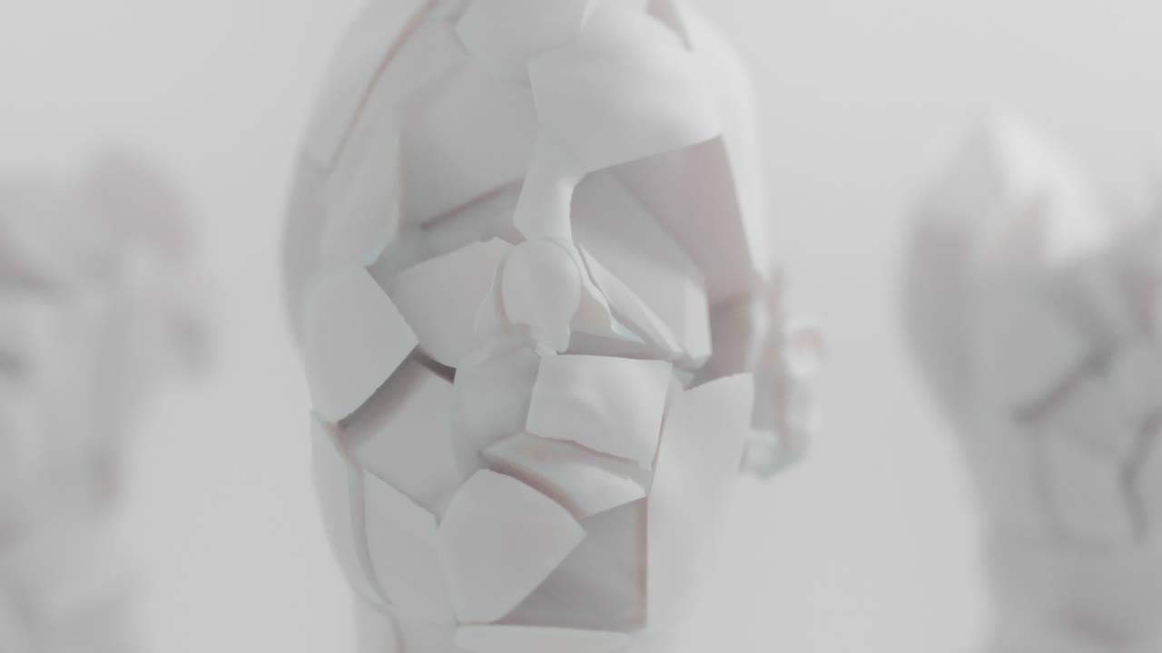 Three crushed android heads on spikes in white space