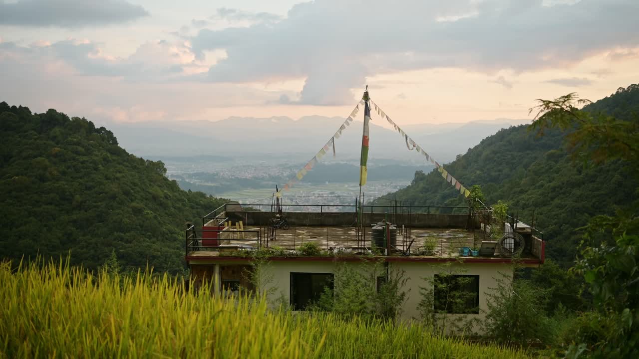 Pady Fields and Kathmandu City Sunset, Rural Landscape Scenery in Nepal with Rice Fields Paddies and Paddy Fields Terraces in a Rural Village in Kathmandu Valley with the City Behind
