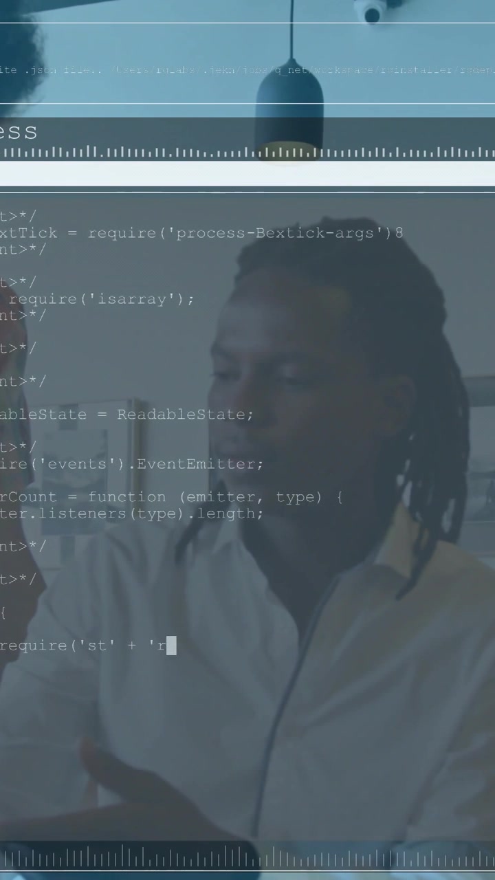 Vertical video: Camera tech teaching DSLR dials in set peer leaning in HUD overlay obscuring top