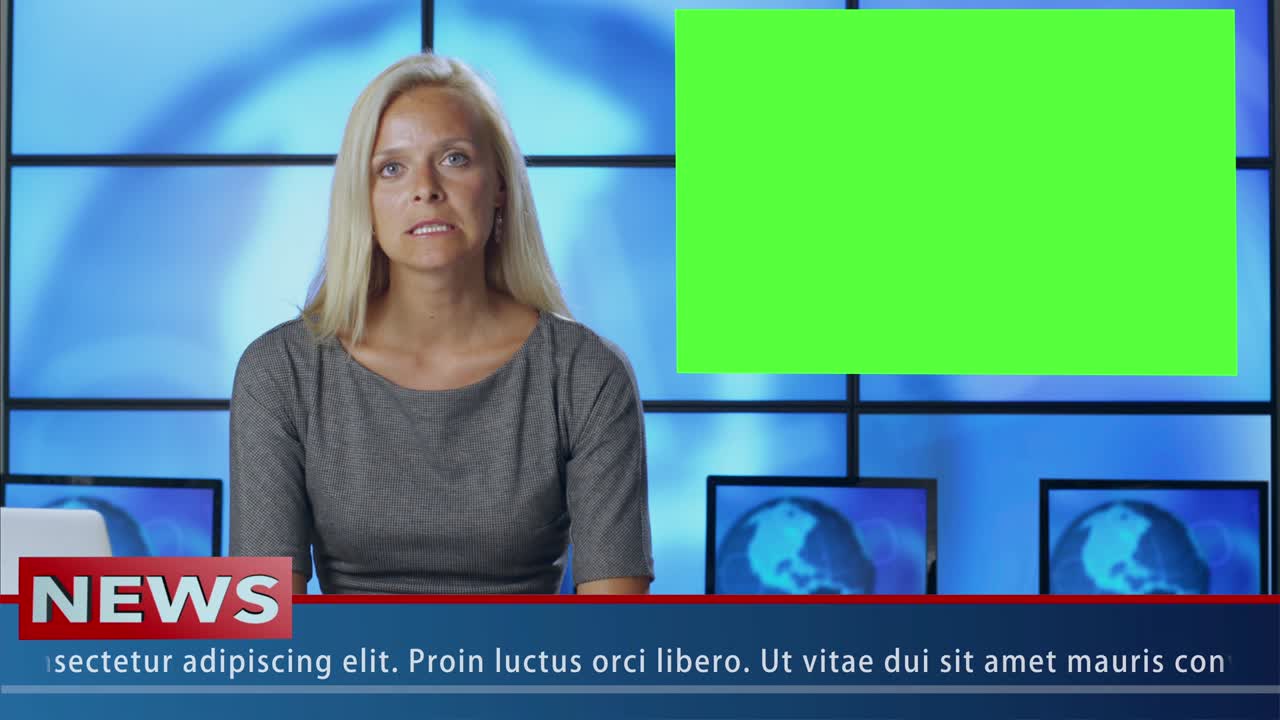 Female News Presenter in Broadcasting Studio With Green Screen Display for Mockup usage.