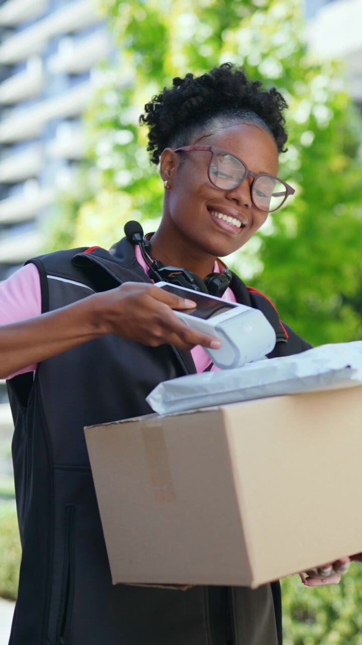 Smiling Delivery Worker Scanning Package with Handheld Device