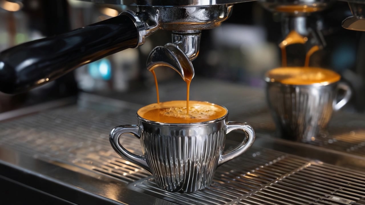 Preparare un espresso perfetto: La precisione di un barista nel versare caffè fresco in una tazza elegante per un'esperienza rinvigorente.