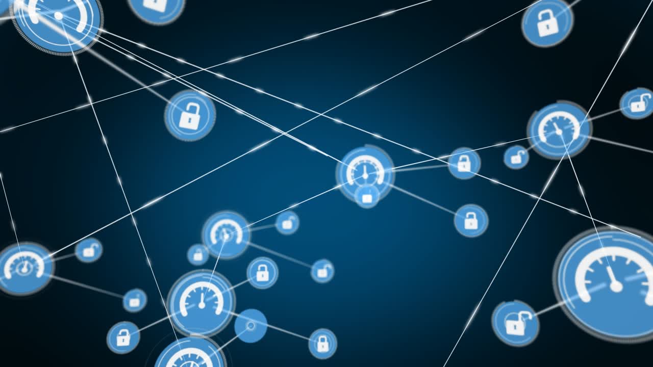Animation of network of connections with icons over blue background