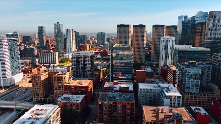 Varietà dell'architettura nel moderno paesaggio di Chicago, Illinois, Stati Uniti. Diverse auto percorrono l'ampia autostrada. Vista dall'alto.