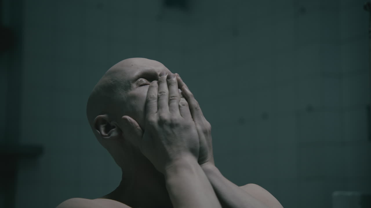 Pale bald skinny man looks touches his face in the creepy old bathroom at night