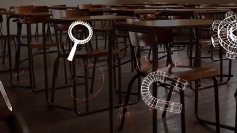 animación de iconos y ecuaciones matemáticas sobre una clase vacía