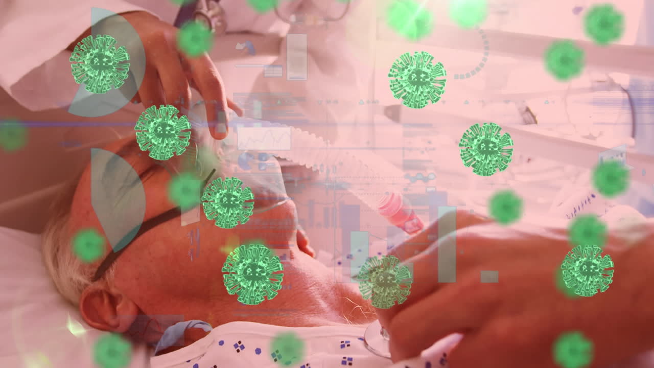 코로나19 세포와 데이터 처리는 여성 환자에게 산소 마스크를 착용하는 의사에 대한 것입니다.