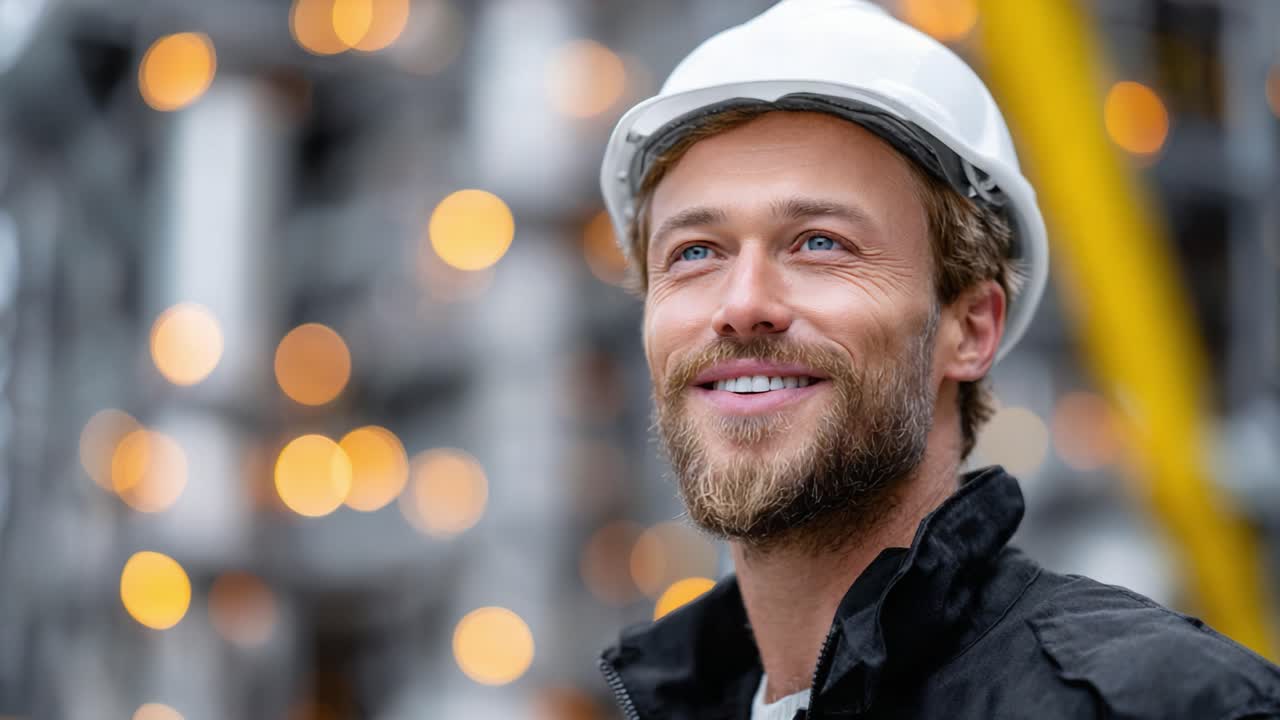 A Smiling Construction Worker with Safety Helmet at a Bright Industrial Site, Reflecting Confidence and Satisfaction in His Work Environment