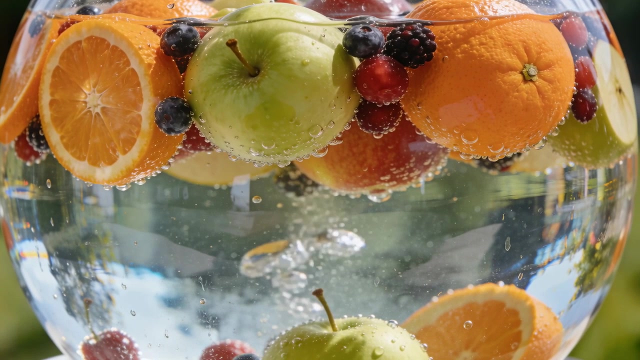 Kohlensäure entweicht aus verschiedenen Früchten, bildet eine aufsteigende Blasensäule in einer Glasschale im Garten.