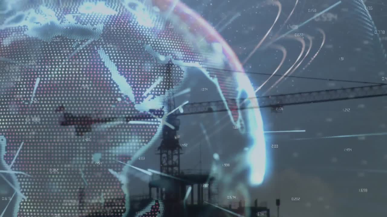 건설 현장 위의 연결을 가진 지구의 애니메이션