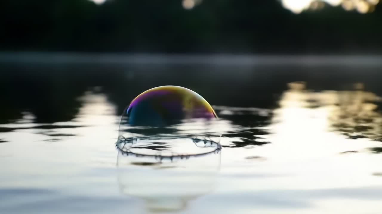 A Captivating Reflection of Light: The Journey of a Soap Bubble at Sunset Above a Tranquil Water Surface, Blending Colors of Nature in Perfect Harmony