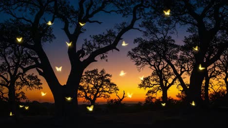 a captivating scene of fluttering butterflies illuminating the twilight sky among majestic trees at sunset, creating a magical atmosphere in nature