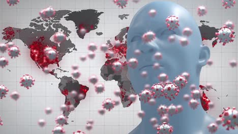 Animation-Von-Viruszellen-Und-Menschlichem-Gesichtsmodell-über-Der-Weltkarte,-Die-Rot-Wird