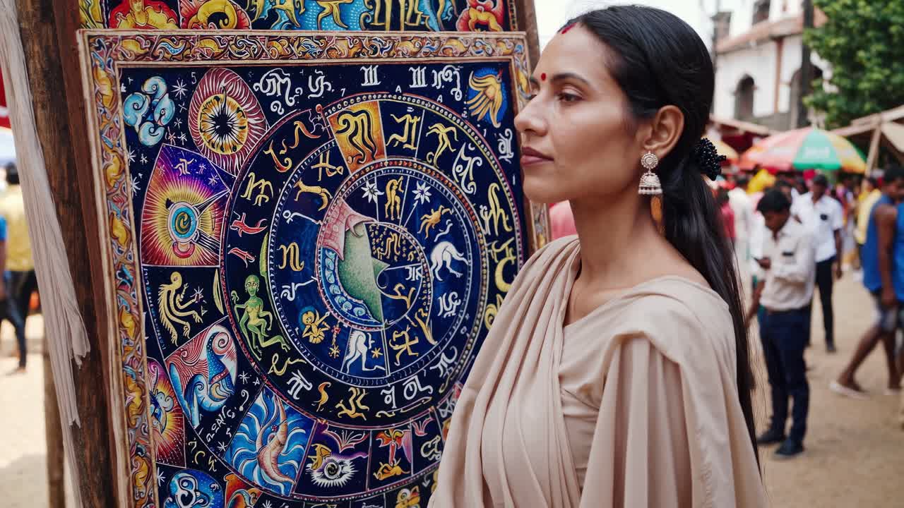 Indian woman in elegant attire stands thoughtfully beside a vibrant astrological mural, showcasing intricate designs and colors, immersed in cultural exploration and reflection