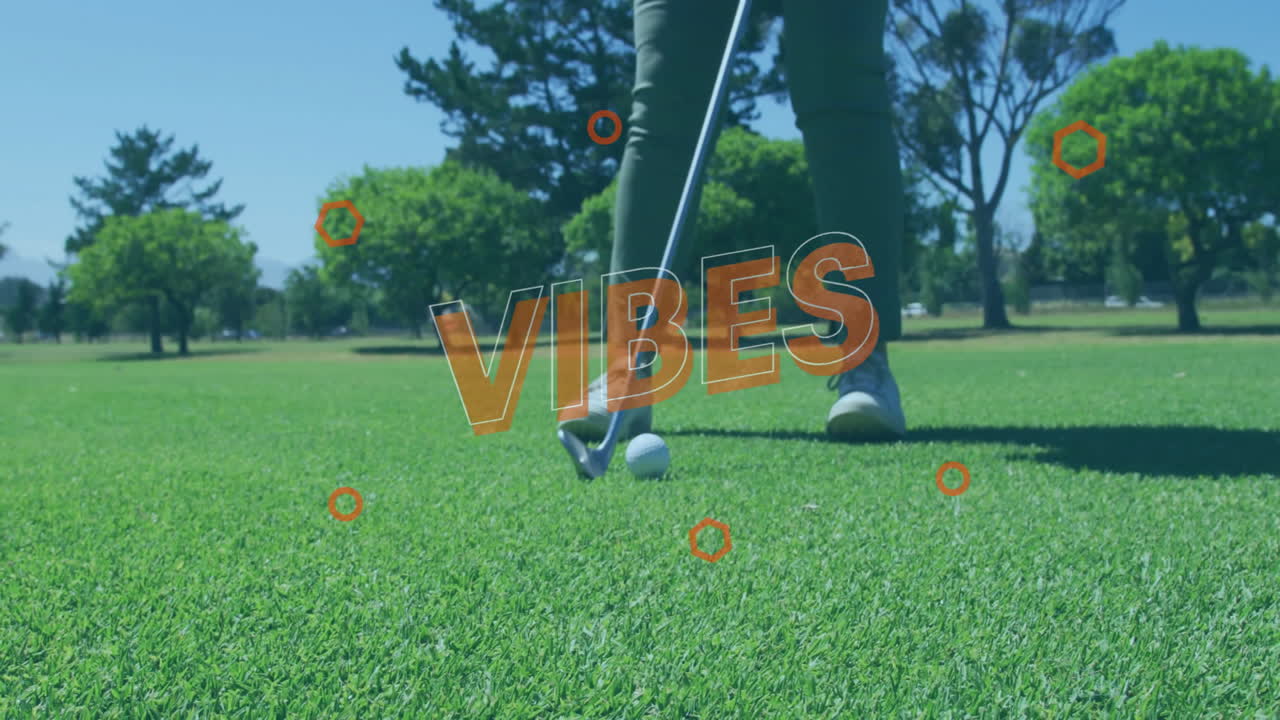 Mature woman positioning iron over golf ball on fairway for tech demo, showing animated swing path