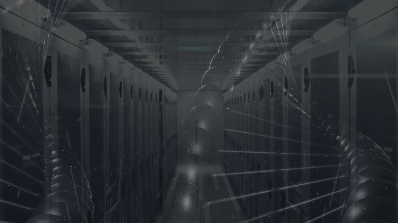 Data processing animation over rows of servers in dimly lit room