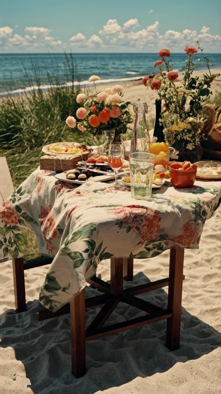 Aerial view of a beach picnic setup with floral tablecloth, vibrant flowers, and fresh fruits