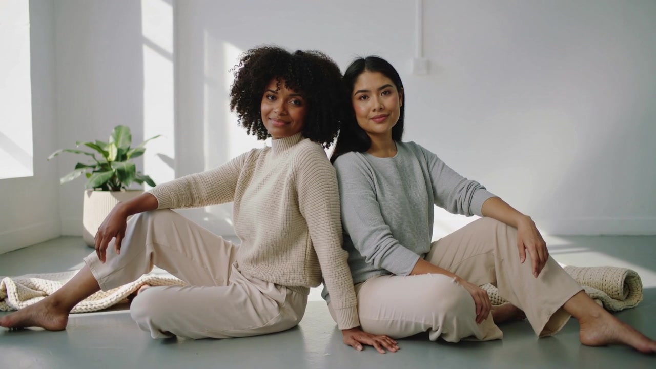 Posing two women cream sweater, blue top, sitting back-to-back as photog shooting with window light