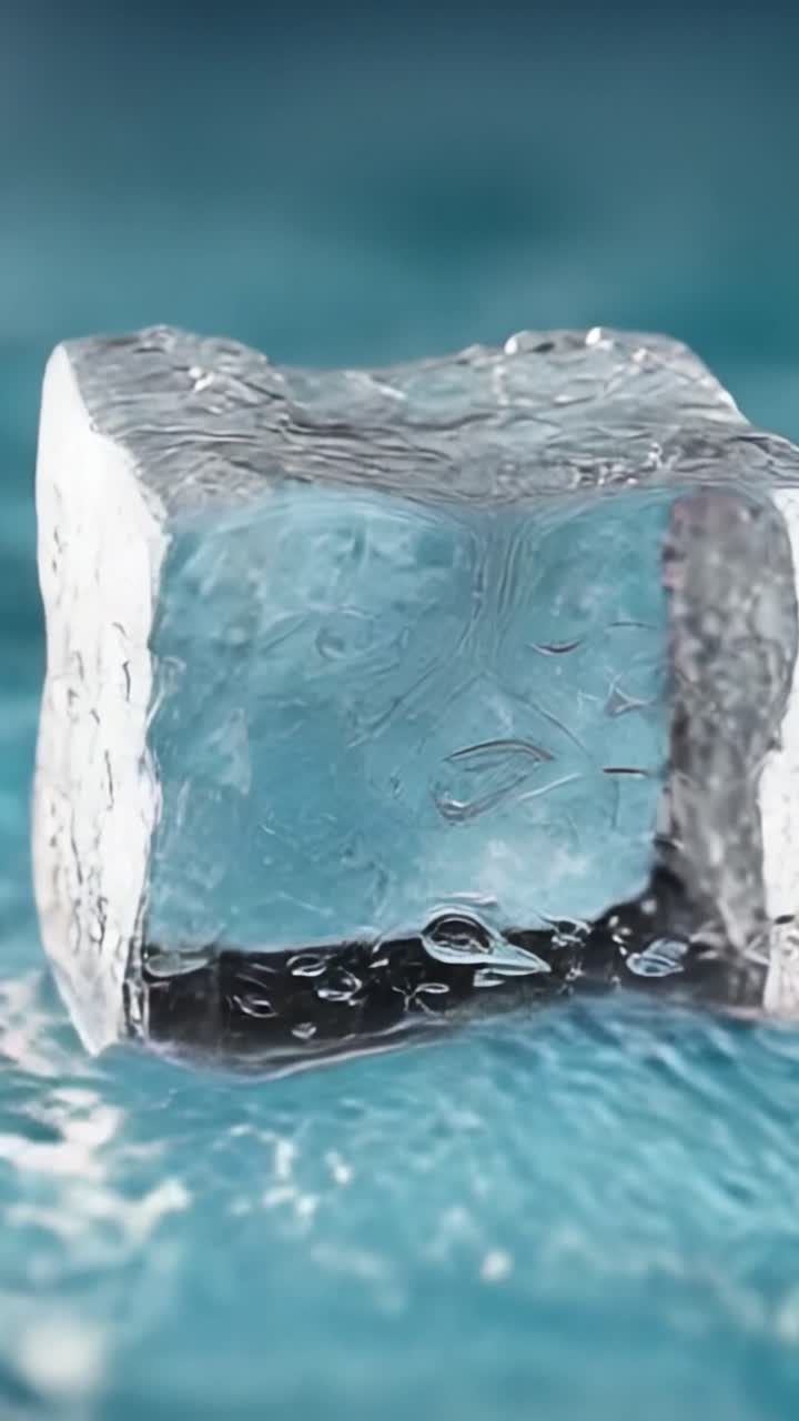 Cubo de Gelo Dinâmico Espirrando na Água, Capturando a Beleza dos Elementos da Natureza em Movimento com Reflexos Claros e Arredores Serenos.