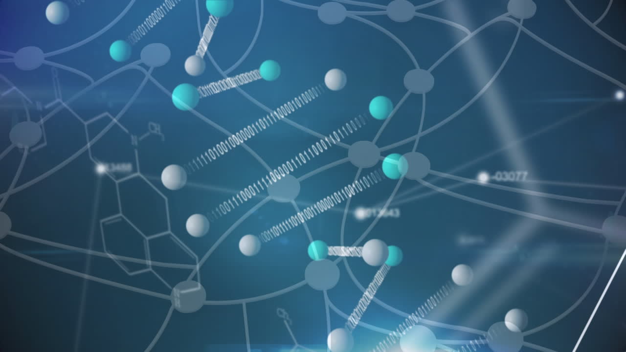 디지털 애니메이션은 의료 연구 기술을 위한 숫자, dna, 화학 구조를 합쳐줍니다.