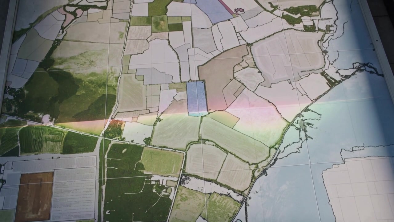 Starting projector beam highlighting parcels by casting pink green band across coastal map on table