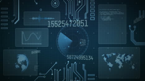 animación de múltiples números cambiantes, escáner redondo y conexiones de microprocesador