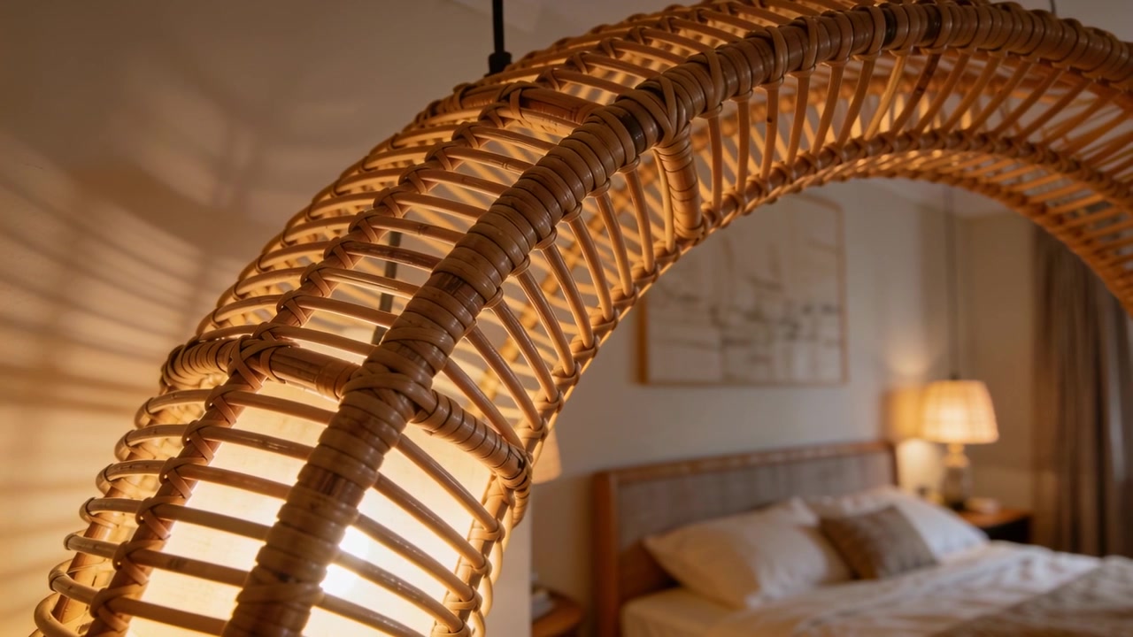 La telecamera si allontana, rivelando una lampada a sospensione in rattan intrecciato che proietta ombre e mostra l'arredamento della camera da letto.