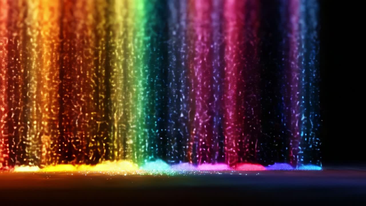 Vibrant Spectrum of Colors: A Mesmerizing Visual Journey Through Cascading Rainbow Particles and Their Captivating Dance Against a Dark Background