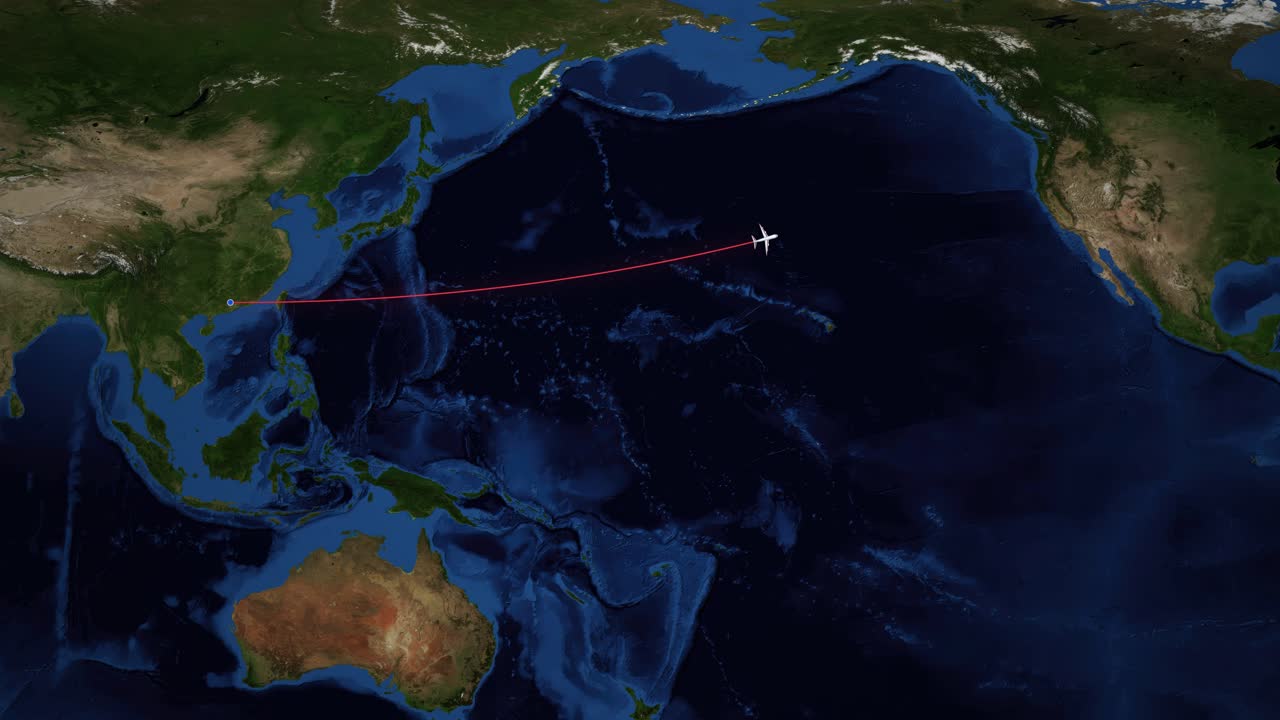 Satellite world map animation tracks an airplane flying from Guangzhou to Seattle across the Pacific
