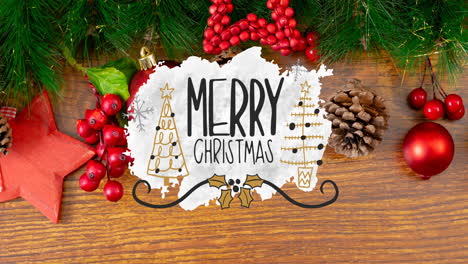 animation of merry christmas text and decorations on wooden background