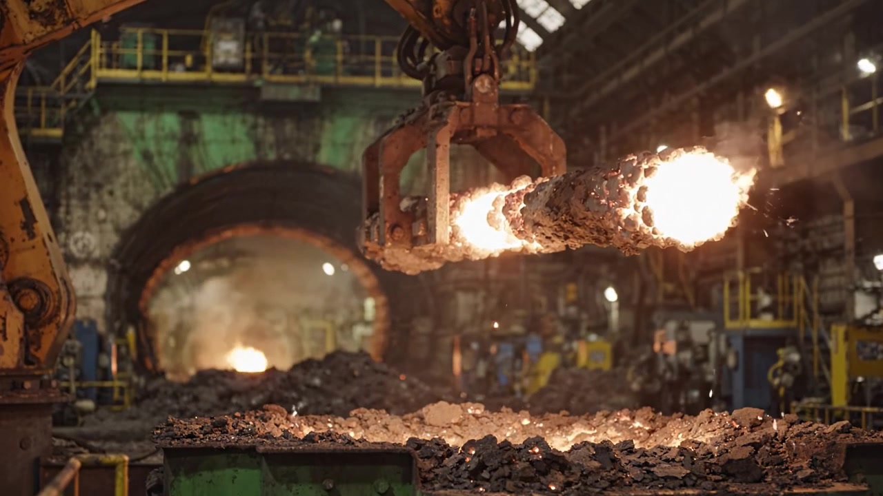 Intensiver Industrieprozess: Funken fliegen, während schwere Maschinen geschmolzenes Metall in einer energiereichen Gießereiumgebung verarbeiten, was fortschrittliche Fertigungstechniken demonstriert.