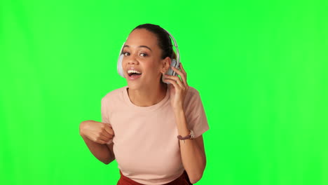 Face,-green-screen-and-woman-with-headphones